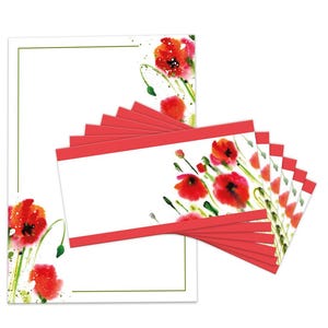 Briefpapier Set A4 Druckpapier mit Umschlägen Blumen Kopierpapier für Korrespondenz Firmenpost Briefbogen Papier Einladung Pastell Mohn rot