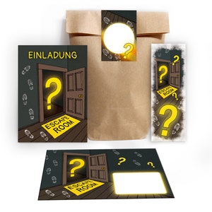 Einladungskarten zum Kindergeburtstag incl. Tüten, Aufkleber und Mitgebsel (Lesezeichen oder Mini-Blöcke) für Mädchen Jungen Escape Room