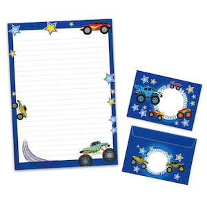 Briefpapier-Set A4 Monster Truck Briefblock Blöcke Umschläge für Jungen Kinder Geschenk Idee Gastgeschenk zum Geburtstag Auto Rennauto LKW