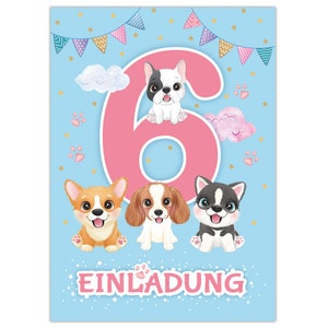 Einladungskarten zum 6. Kindergeburtstag Einladungen zum sechsten Geburtstag für Mädchen Hunde