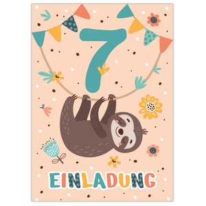 Einladungskarten zum 7. Kindergeburtstag Einladungen zum siebten Geburtstag für Mädchen Jungen Faultier