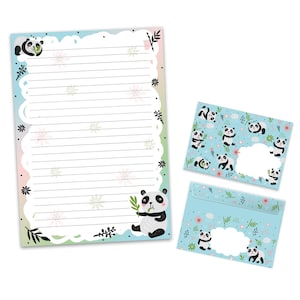 Briefpapier-Set A4 lustige süßes Panda Briefblock Blöcke Umschläge für Kinder Mädchen Geschenk Idee Gastgeschenk zum Geburtstag Pastell TOP