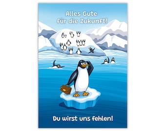 Farewell card for colleagues in XXL format (A4) with envelope, penguin, job change, resignation, maternity leave, retirement, greeting card
