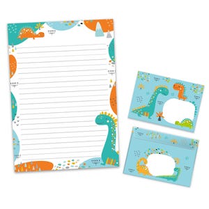 Briefpapier-Set A4 Dino Briefblock Blöcke Umschläge für Kinder Jungen Geschenk Idee Gastgeschenk zum Geburtstag Dinosaurier Monster blau