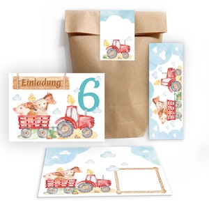 Einladungskarten zum 6. Kindergeburtstag incl. Tüten, Aufkleber und Mitgebsel (Lesezeichen oder Mini-Blöcke) sechste Geburtstag Bauernhof