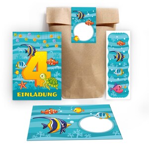 Einladungskarten zum 4. Kindergeburtstag incl. Tüten, Aufkleber und Mitgebsel (Lesezeichen oder Mini-Blöcke) vierte Geburtstag Fisch