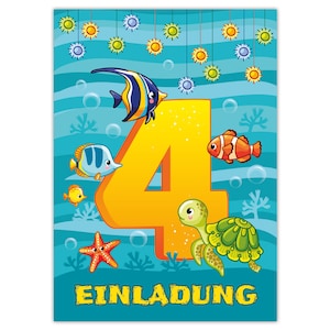 Einladungskarten zum 4. Kindergeburtstag Einladungen zum vierten Geburtstag für Jungen Mädchen Fische