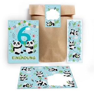 Einladungskarten zum 6. Kindergeburtstag incl. Tüten, Aufkleber und Mitgebsel (Lesezeichen oder Mini-Blöcke) sechste Geburtstag Panda