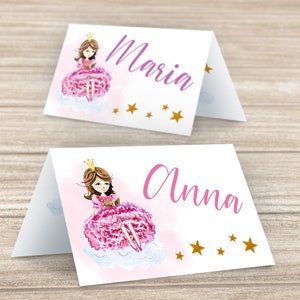 Tischkarten Kindergeburtstag Namenskarten Taufe Platzkarten Kommunion Tischdeko Konfirmation Prinzessin-Party Tischkärtchen für Geburtstag