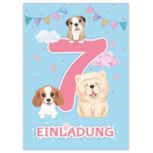 Einladungskarten zum 7. Kindergeburtstag Einladungen zum siebten Geburtstag für Mädchen Hunde