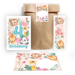 Einladungskarten zum 4. Kindergeburtstag incl. Tüten, Aufkleber und Mitgebsel (Lesezeichen oder Mini-Blöcke) vierte Geburtstag Tiere