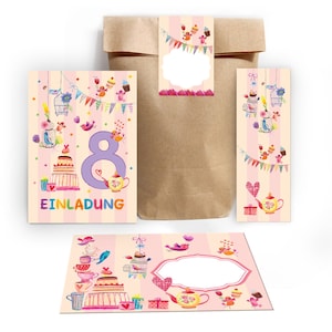 Einladungskarten zum 8. Kindergeburtstag incl. Tüten, Aufkleber und Mitgebsel (Lesezeichen oder Mini-Blöcke) achte Geburtstag Vögelchen