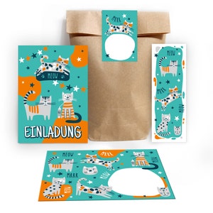 Einladungskarten zum Kindergeburtstag incl. Tüten, Aufkleber und Mitgebsel (Lesezeichen oder Mini-Blöcke) Einladungen Mädchen Jungen Katze