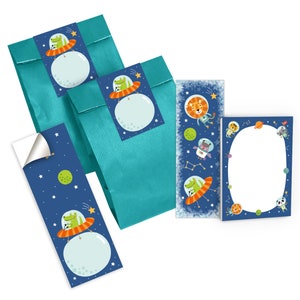 Mitgebsel-Set Tüten + Mini-Notizblöcke + Lesezeichen + Aufkleber kleine Gastgeschenke für Kindergeburtstag für Jungen Mädchen Weltraum