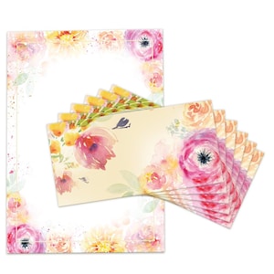 Briefpapier Set A4 Druckpapier mit Umschlägen Blumen Kopierpapier für Korrespondenz Firmenpost Briefbogen Papier Einladung Pastell Rosen