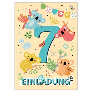 Einladungskarten zum 7. Kindergeburtstag Einladungen zum siebten Geburtstag für Mädchen und Jungen Tiere Koala
