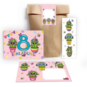 Einladungskarten zum 8. Kindergeburtstag incl. Tüten, Aufkleber und Mitgebsel (Lesezeichen oder Mini-Blöcke) achte Geburtstag Kaktus