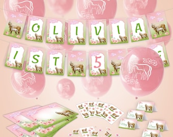 Party Set zum Geburtstag Pferd mit Fohlen Mitgebsel Deko Girlande Tischdeko Mädchen Jungen Girlande Geburtstagsdeko Party Deko Konfetti