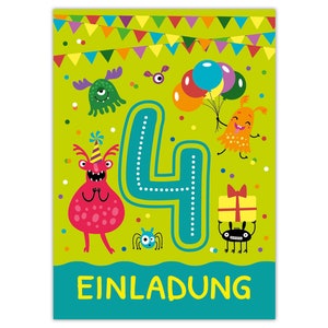 Einladungskarten zum 4. Kindergeburtstag Einladungen zum vierten Geburtstag für Jungen lustige Monster