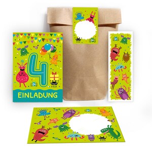 Einladungskarten zum 4. Kindergeburtstag incl. Tüten, Aufkleber und Mitgebsel (Lesezeichen oder Mini-Blöcke) vierte Geburtstag Monster