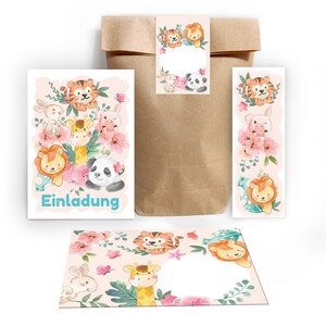 Einladungskarten zum Kindergeburtstag incl. Tüten, Aufkleber und Mitgebsel (Lesezeichen oder Mini-Blöcke) für Mädchen Jungen Tiere
