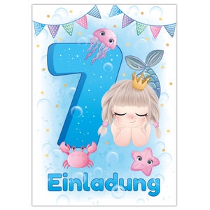Einladungskarten zum 7. Kindergeburtstag Einladungen zum siebten Geburtstag für Mädchen Meerjungfrau