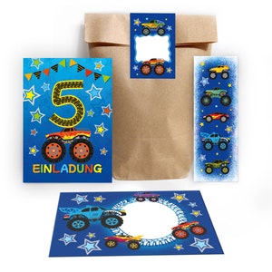 Einladungskarten zum 5. Kindergeburtstag incl. Tüten, Aufkleber und Mitgebsel (Lesezeichen oder Mini-Blöcke) fünfte Geburtstag Monster-Truck