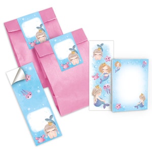 Mitgebsel-Set Tüten + Mini-Notizblöcke + Lesezeichen + Aufkleber kleine Gastgeschenke für Kindergeburtstag für Mädchen Meerjungfrau