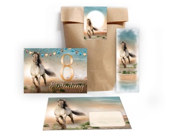 Invitation cards for the 8th children's birthday including bags, stickers and party favors (bookmarks or mini-pads) eighth birthday horse