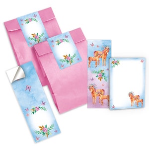 Mitgebsel-Set Tüten + Mini-Notizblöcke + Lesezeichen + Aufkleber kleine Gastgeschenke für Kindergeburtstag für Mädchen zwei Einhörner