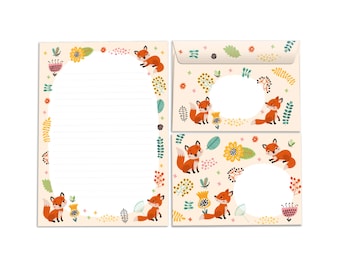 May include: A set of stationery featuring a fox and floral design. The set includes a letter writing sheet, an envelope, and a card. The letter writing sheet has a lined area for writing and a decorative border with foxes, flowers, and leaves. The envelope has a similar design with a circular cutout for the address. The card has a similar design with a circular cutout for a message.