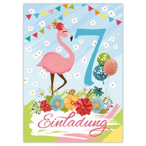 Einladungskarten zum 7. Kindergeburtstag Einladungen zum siebten Geburtstag für Mädchen Tiere Flamingo