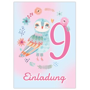 Einladungskarten zum 9. Kindergeburtstag Einladungen zum neunten Geburtstag für Mädchen Eule