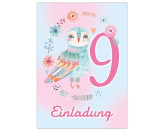 Invitation cards for the 9th children's birthday Invitations for the ninth birthday for girls owl