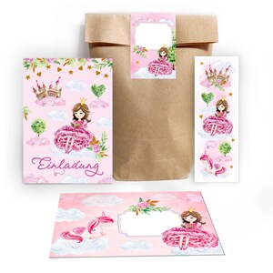 Einladungskarten zum Kindergeburtstag incl. Tüten, Aufkleber und Mitgebsel (Lesezeichen oder Mini-Blöcke) Einladungen für Mädchen Prinzessin