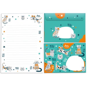 Juego de papelería con bloques de letras, sobres para niños, gatos, niñas, niños, motivo infantil A5