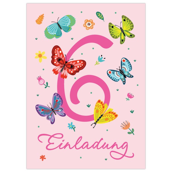Einladungskarten zum 6. Kindergeburtstag Einladungen zum sechsten Geburtstag für Mädchen Schmetterlinge