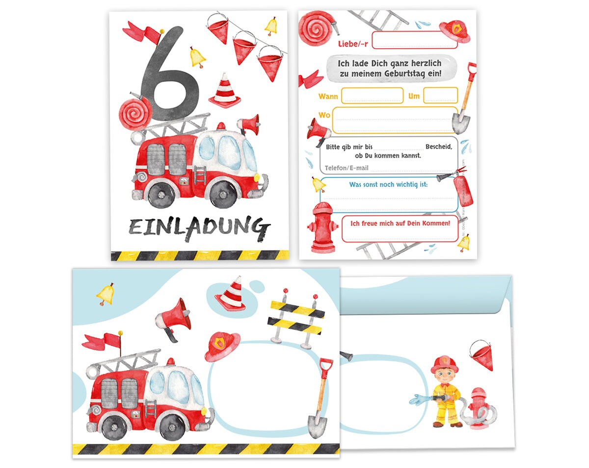 6. Geburtstag Einladungen Feuerwehr Thema - 6 Karten + Umschläge + Tüten + Aufkleber + Blöcke | Jungen Geburtstag