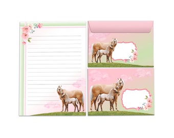 Briefpapier-Set Briefblock mit Umschlägen für Kinder Pferd mit Fohlen für Mädchen (Block A5 mit 25 Blätter + 15 Umschläge)