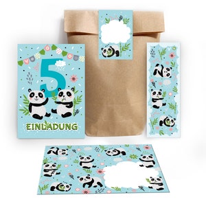 Einladungskarten zum 5. Kindergeburtstag incl. Tüten, Aufkleber und Mitgebsel (Lesezeichen oder Mini-Blöcke) fünfte Geburtstag Panda