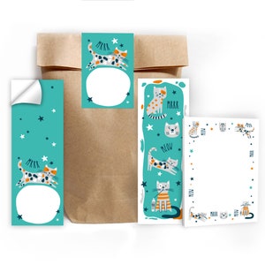 Mitgebsel-Set Tüten + Mini-Notizblöcke + Lesezeichen + Aufkleber kleine Gastgeschenke für Kindergeburtstag für Mädchen Jungen Katzen