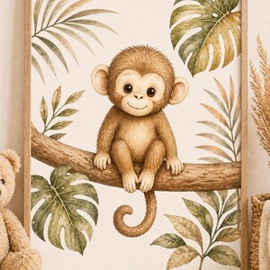May include: A framed watercolor print featuring a charming brown monkey perched on a tree branch. The monkey is surrounded by green and brown tropical leaves. The artwork has a light beige background and a wooden frame.