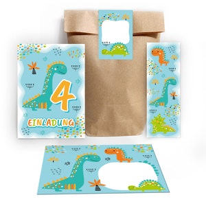 Einladungskarten zum 4. Kindergeburtstag incl. Tüten, Aufkleber und Mitgebsel (Lesezeichen oder Mini-Blöcke) vierte Geburtstag Dinosaurier