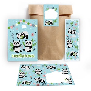 Einladungskarten zum Kindergeburtstag incl. Tüten, Aufkleber und Mitgebsel (Lesezeichen oder Mini-Blöcke) für Mädchen und Jungen Panda
