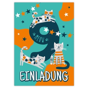 Einladungskarten zum 9. Kindergeburtstag Einladungen zum neunten Geburtstag für Mädchen und Jungen Tiere Katzen