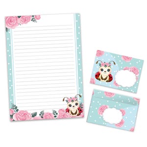 Set cancelleria formato A4 coccinella blocco lettere buste per bambini bimba idea regalo regalo compleanno fiori rosa azzurro