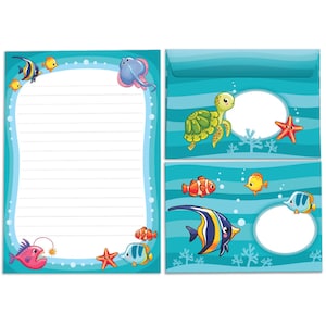 Briefpapier-Set Briefblock Blöcke Umschläge für Kinder Fische für Mädchen Jungen Jungs A5