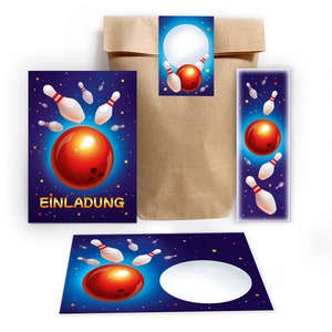 Einladungskarten zum Kindergeburtstag incl. Tüten, Aufkleber und Mitgebsel (Lesezeichen oder Mini-Blöcke) für Mädchen Jungen Bowling