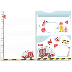 Set di carta da lettere blocchi di lettere buste per bambini ragazzi camion dei pompieri camion dei pompieri motivo per bambini A5