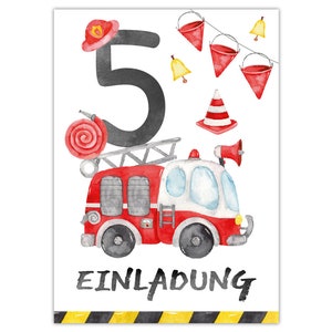 Einladungskarten zum 5. Kindergeburtstag Einladungen zum fünften Geburtstag für Jungen Feuerwehrauto Feuerwehr